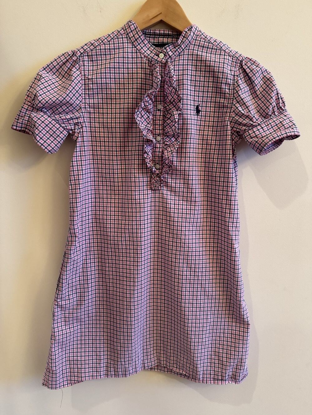 Ralph Lauren Girls 12 Ruffle Shirt Dress Pink Navy Polo Pony Plaid Puff Sleeves